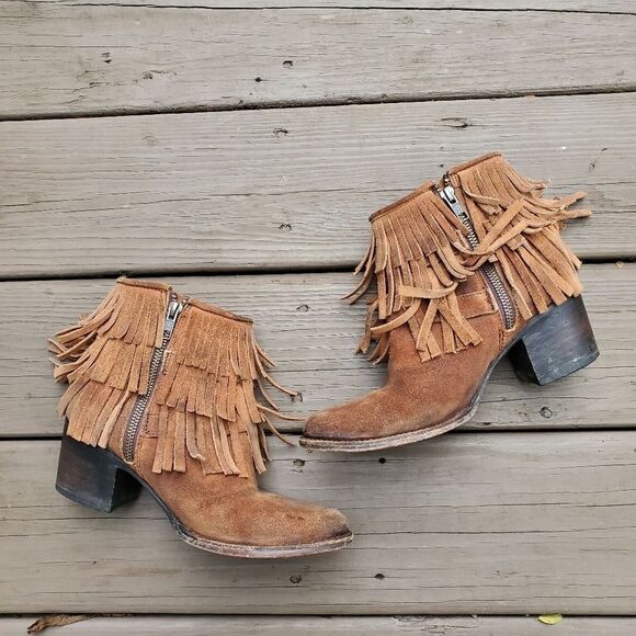 Freebird by Steven Distressed Whiskey Brown Suede Leather Fringe Buckle Booties - Picture 4 of 9